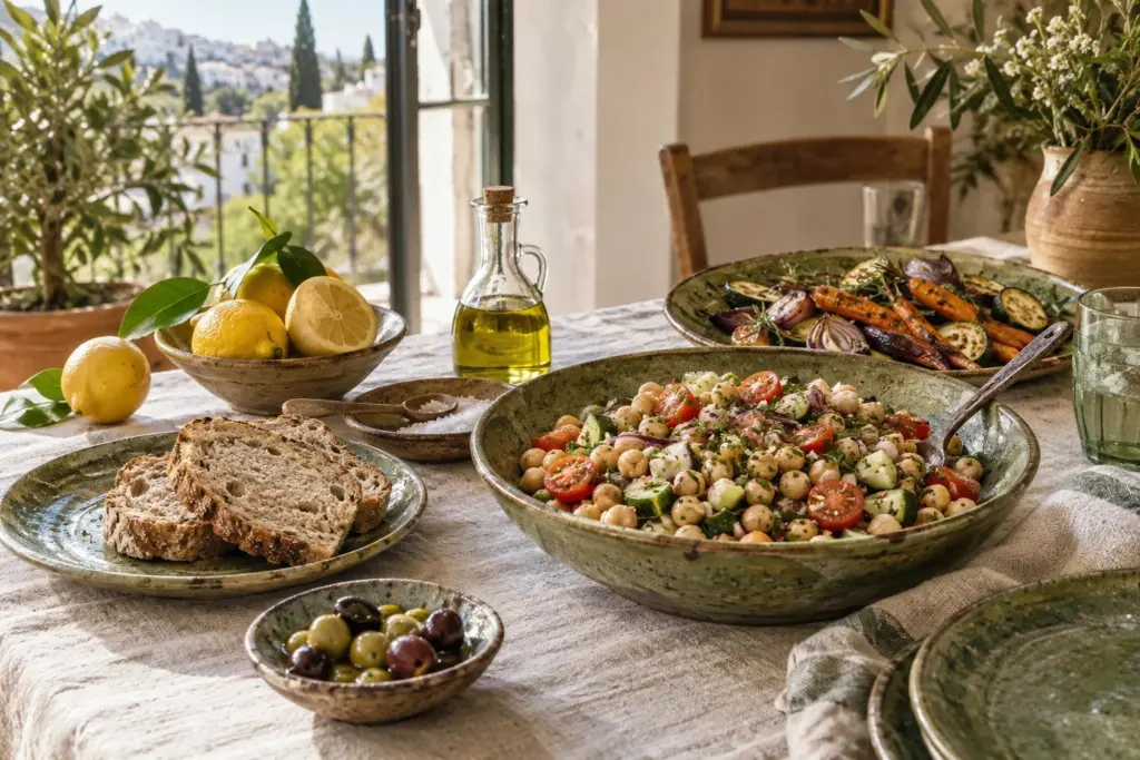 Mesa mediterránea con legumbres, verduras y pan