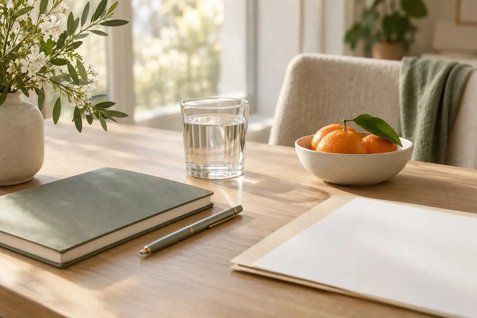 Cuaderno y agua sobre la mesa, preparando una consulta online